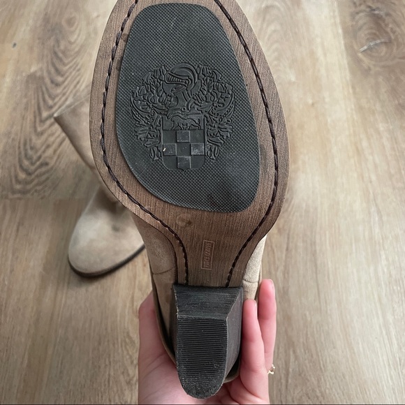 VINCE CAMUTO | suede tan fold over ankle heel booties - Picture 2 of 6